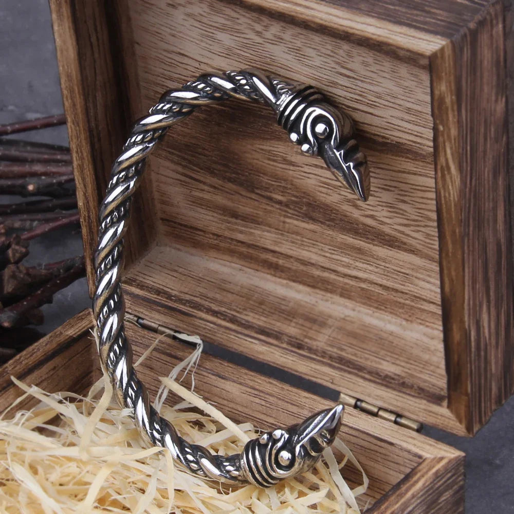 Stainless Steel Nordic Viking Norse Raven Bracelet Men Wristband Cuff Bracelets with viking wooden box