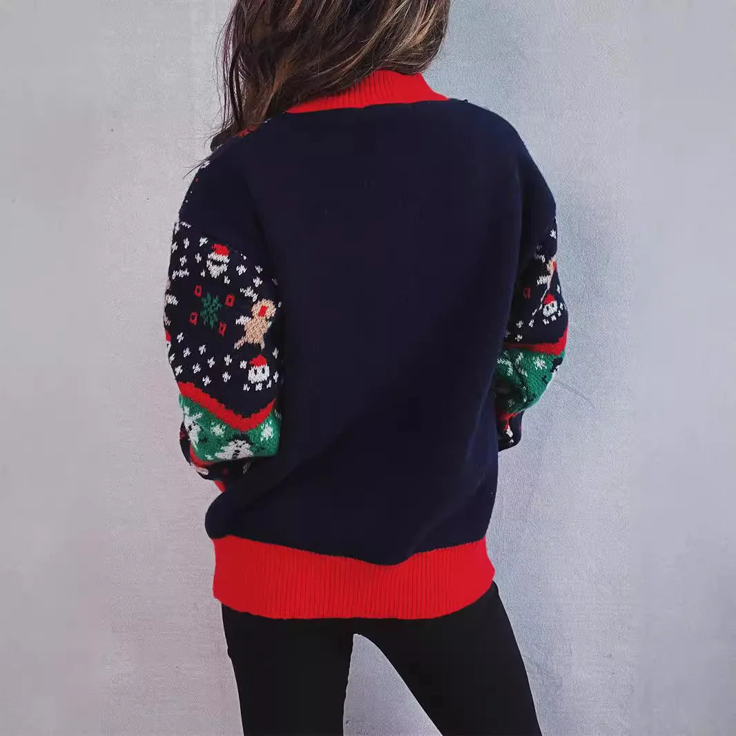 Sueter Mujer 2024 Korean Casual Christmas Sweater Women O Neck Spliced Jacquard Long Sleeves Knitwear Warm Pullover X686