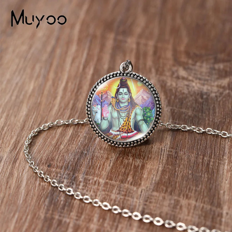 2023 New Arrival Fashion Painting India Shiva Ganesha Hindu God Glass Dome Antique Pendant Handmade Jewelry Vintage Necklaces