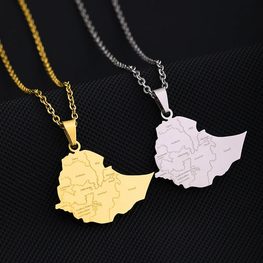 2024 New fashion stainless steel Ethiopia map with city necklace for women and men couples ethnic style accessory collarbone cha