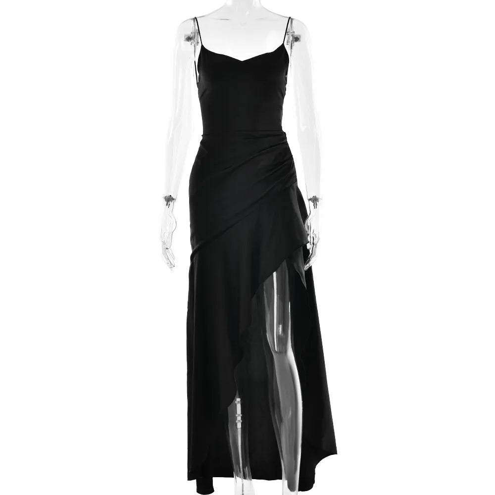 Summer 2025 new temperament elegant satin long skirt personality suspender ruffle high slit dress club clothing Vestidos