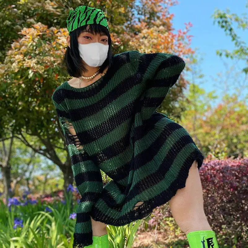 2024 Purple Striped Gothic Sweaters Women Ripped Holes Loose Knitted Pullover Frayed Fairy Grunge Jumpers Emo Streetwear Lolita