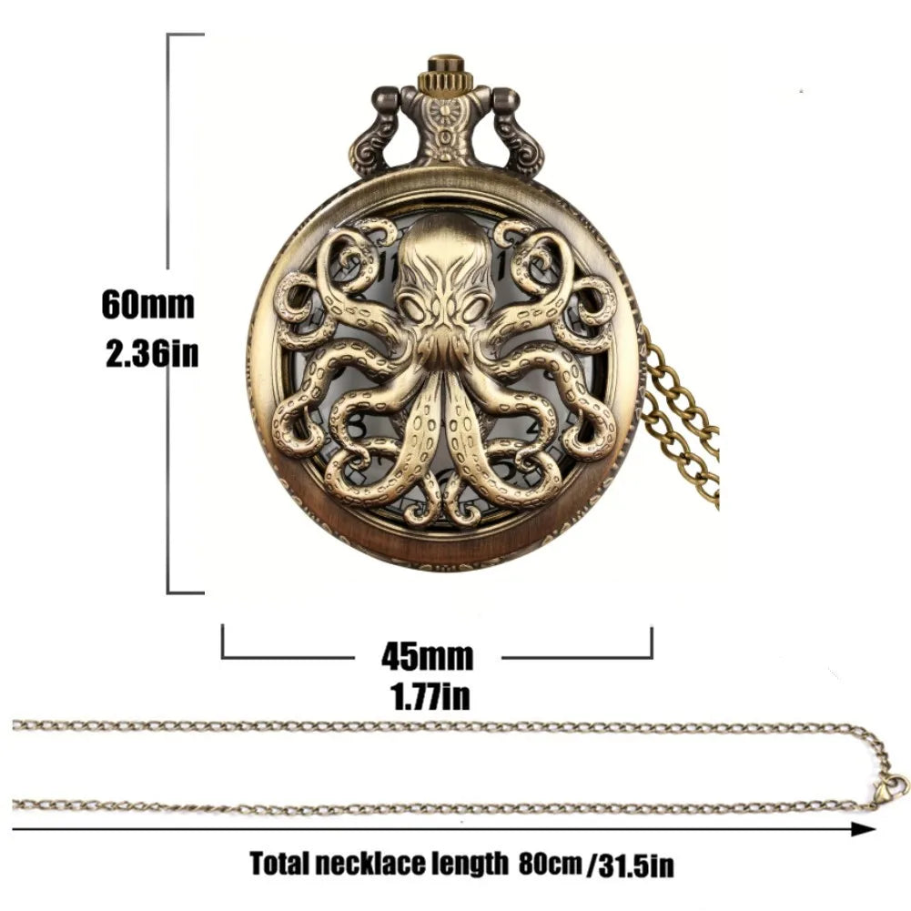 Unique Retro Bronze Octopus Pattern Design Quartz Pocket Watch With Necklace Chain Gift for Male Kids Chronograph Hombre Relojes
