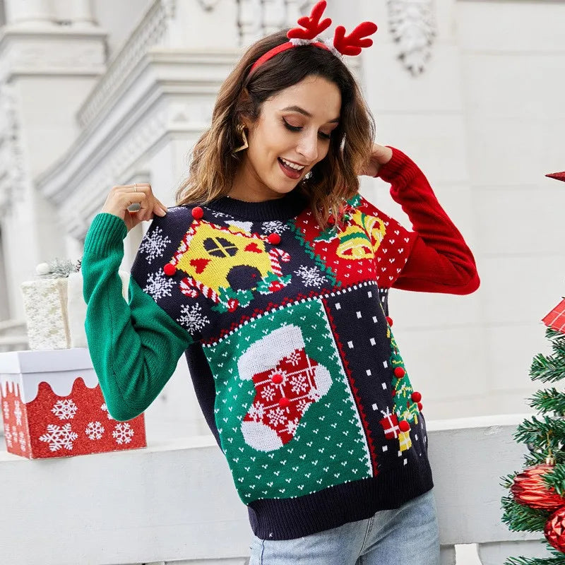 Christmas Sweater Women's Socks Christmas Tree Autumn/Winter New Round Neck Long Sleeve Loose Knitted Sweater 2024 Y2k Cloting