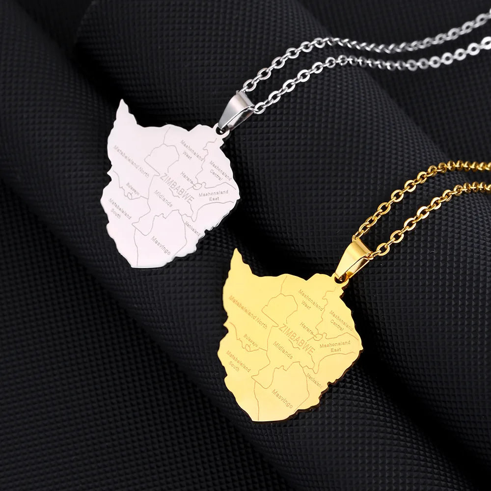 2024 new fashion stainless steel Zimbabwe city with map pendant necklace temperament everything collarbone chain birthday annive