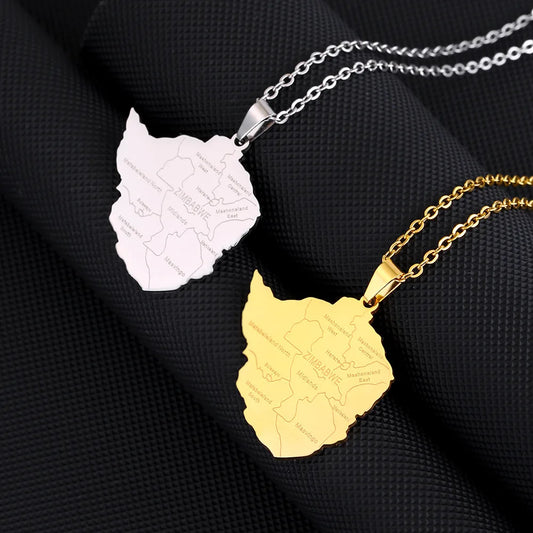 2024 new fashion stainless steel Zimbabwe city with map pendant necklace temperament everything collarbone chain birthday annive