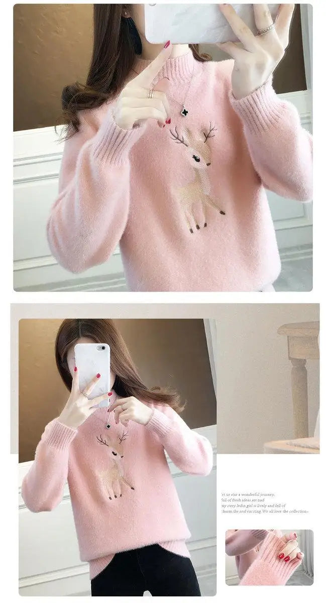 2023 Christmas Sweater Women Faux Mink Cashmere Half High Collar Pullover Fleece Winter Clothes Embroidery Deer Warm Jumper