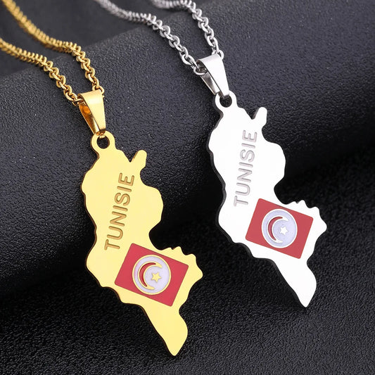 2024 new fashion stainless steel Tunisian map necklace for men and women geometric national style collarbone chain anniversary s