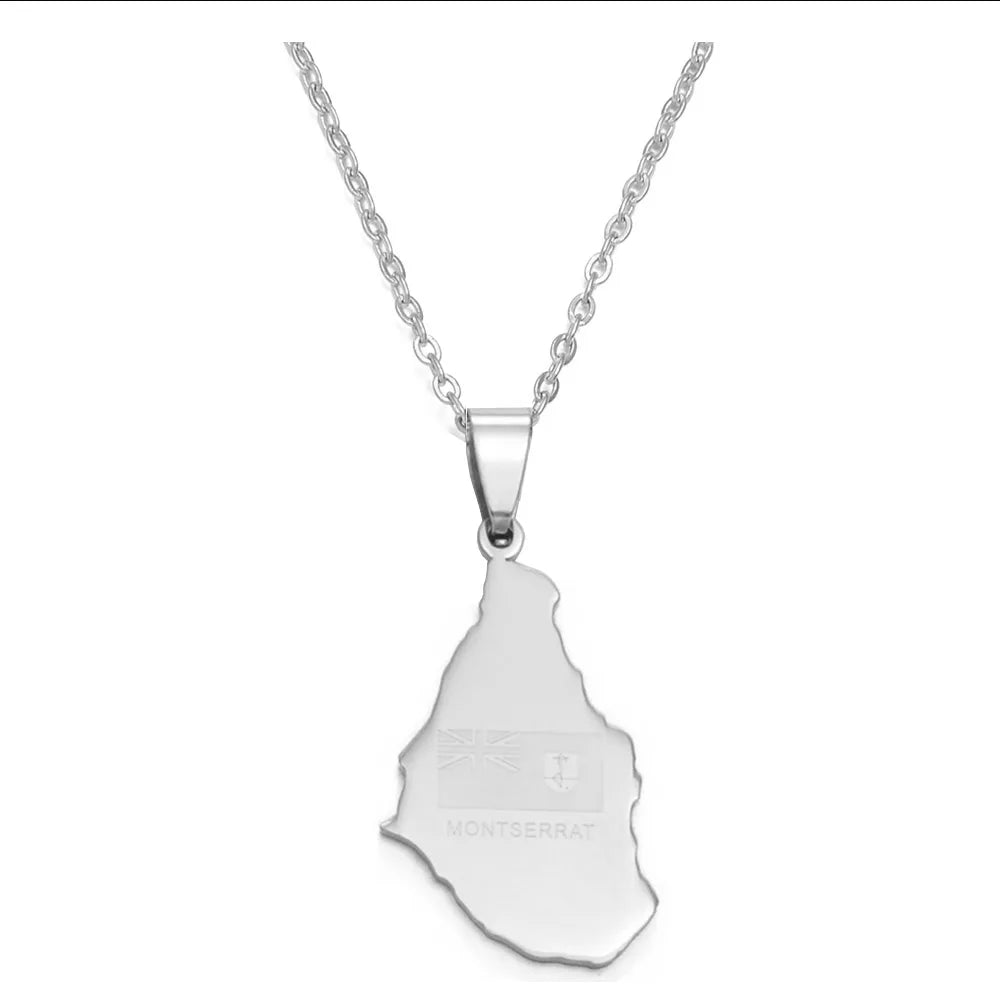 Anniyo Map of Montserrat United Kingdom Pendant and Thin Chain Necklaces Stainless Steel Montserrat Maps Jewelry #054621