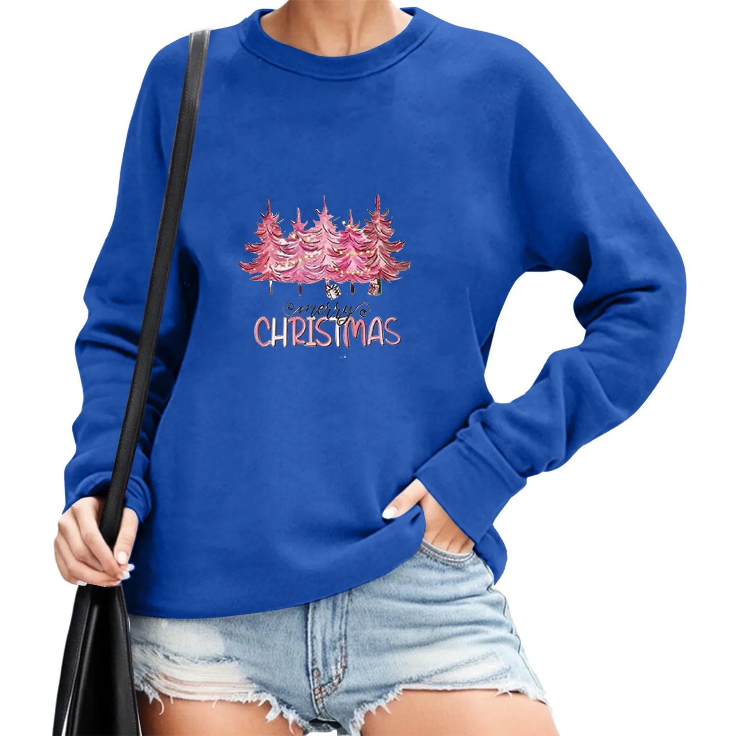 2024 Christmas Pullover Sweater Women's Winter Long Sleeve O-Neck Pullover Sweatshirts Funny Xmas Tree Print Graphic Sweater