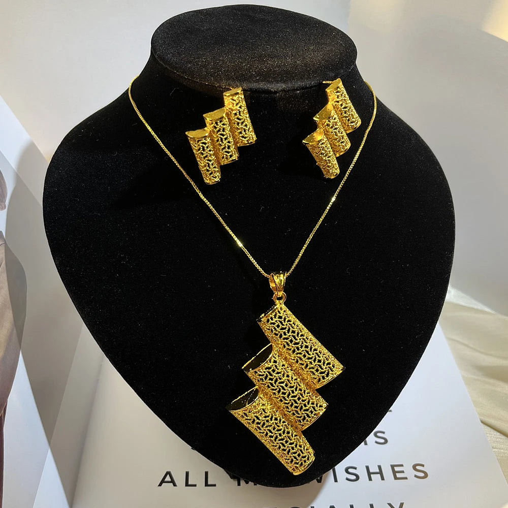 Dubai 24K Gold Color Long Jewelry Sets Wedding African Necklace Earrings For Women Nigerian Indian Bridal Set Party Gifts