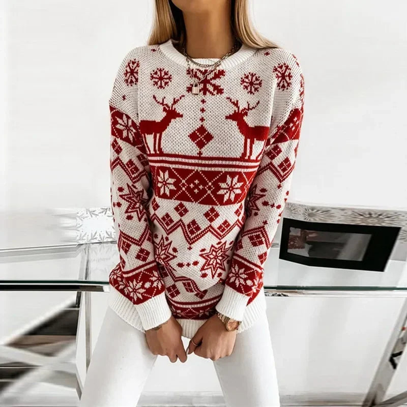 2025 Winter Women's Christmas Sweater Elk Print Knitted Jumpers Full Sleeve O Neck Casual Loose Knitwear Pullover Tops Xmas Look