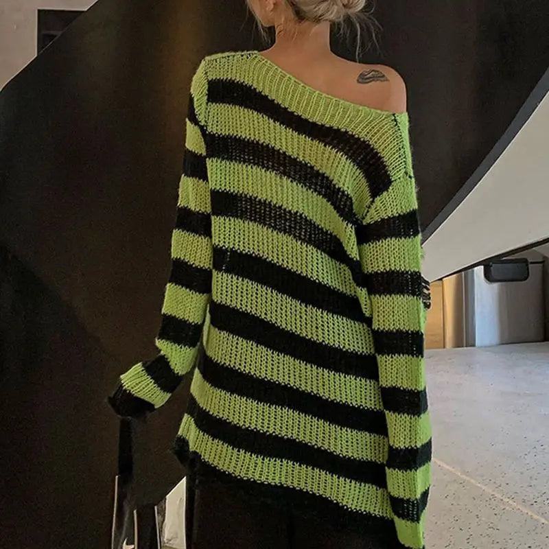 2024 Purple Striped Gothic Sweaters Women Ripped Holes Loose Knitted Pullover Frayed Fairy Grunge Jumpers Emo Streetwear Lolita
