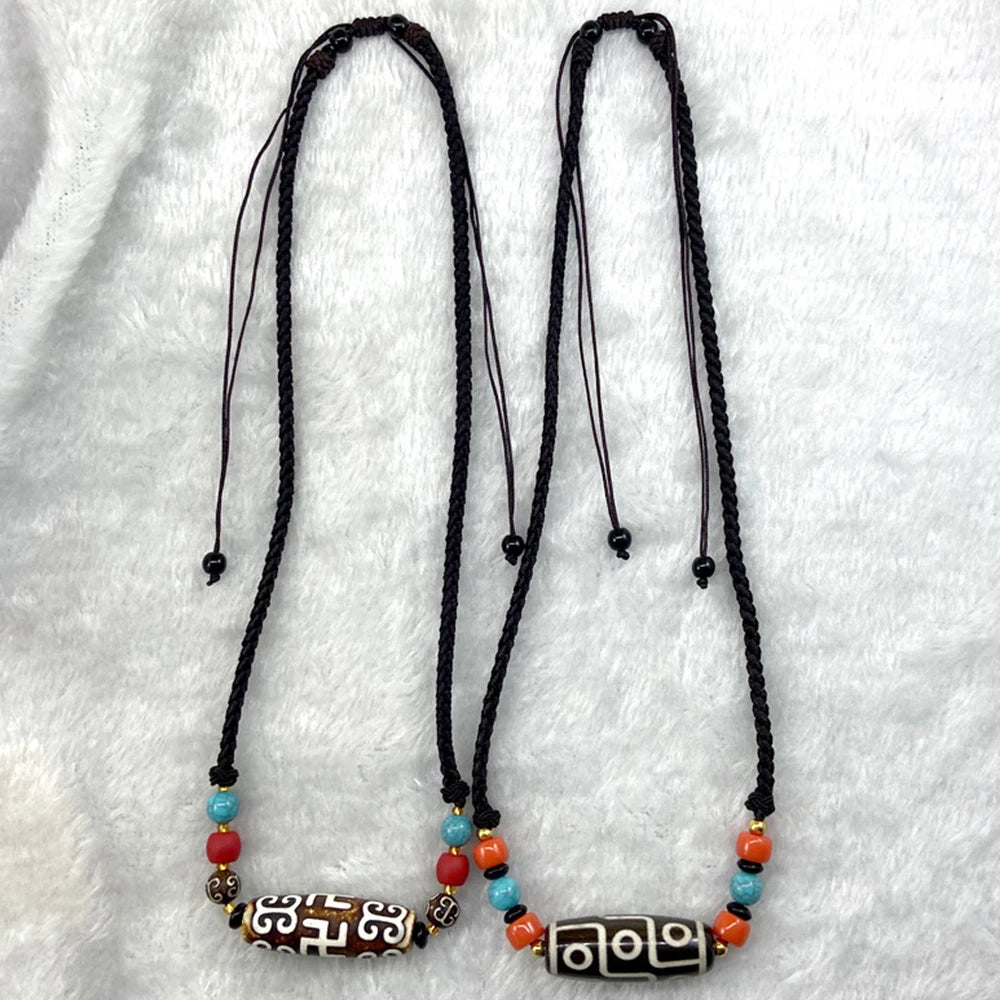 Tibetan Buddhism 9 Eyed Celestial Bead Necklace Healing Amulet Jewelry Ethnic Style Agate Dzi Beads Pendant Sweater Rope Chain