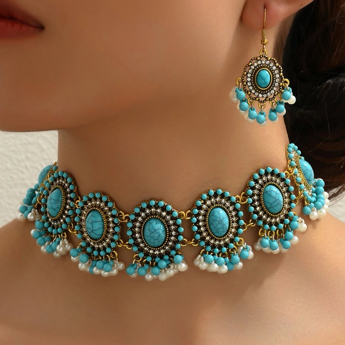Vintage 2 piece Jewelry Set Inlaid Turquoise Stone Match Daily Wear Party Accessories Women's Necklace Earrings Sets