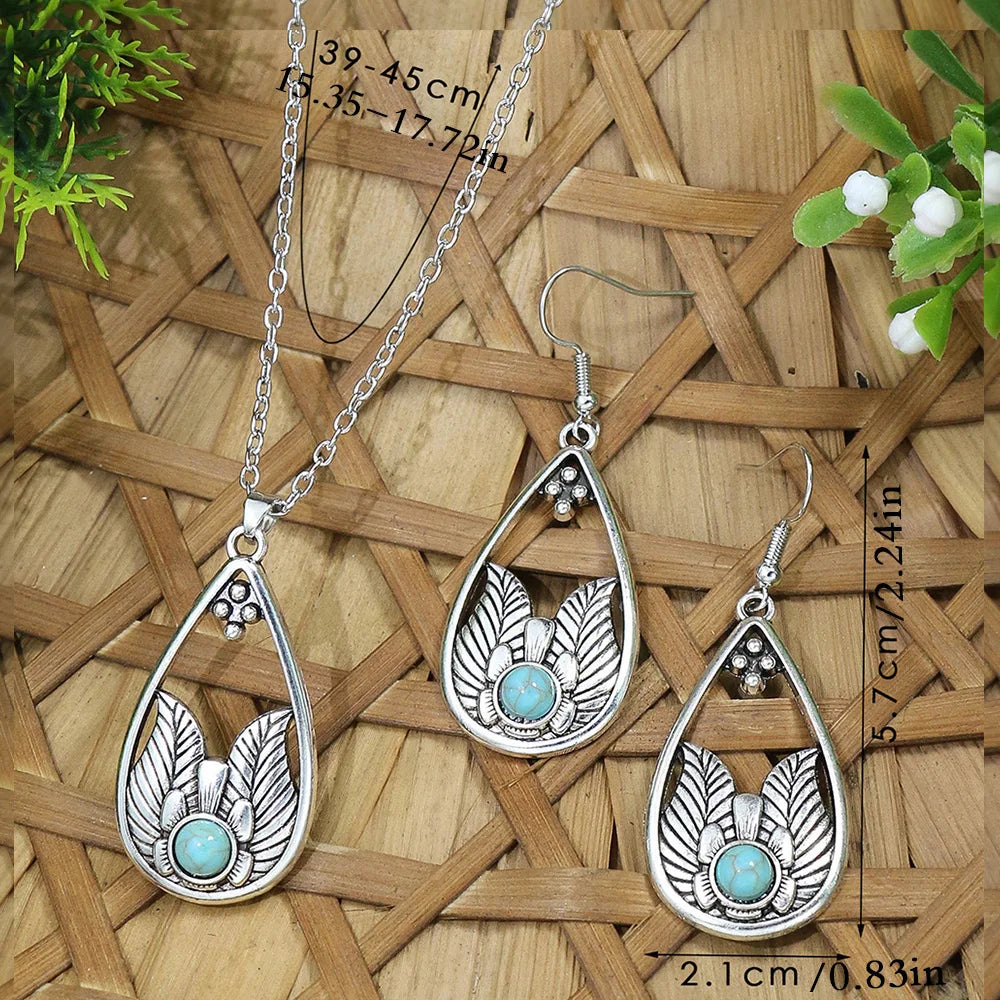Vintage Blue European American Necklace Earrings Jewelry Sets  Crystal Jewellery Sets For Women stone Necklaces & Pendants gift