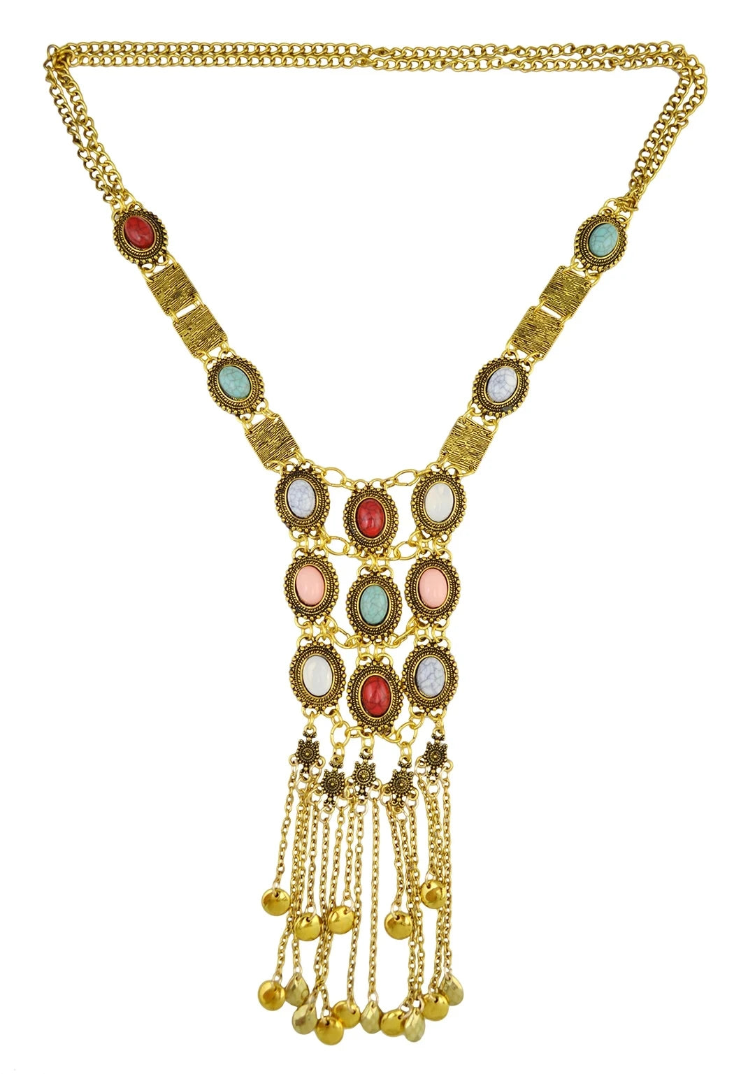 Vintage Silver Plated Gold Plated Chain Bead Stone Long Tassel Pendant Women's Necklace Suitable for Women's Party Jewelry Gifts
