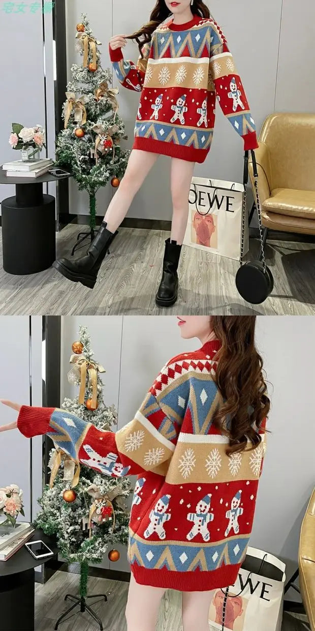 2025 Autumn Winter New Loose Oversized Sweater Women Christmas Snowflake Knitted Longline Thickened Pullover