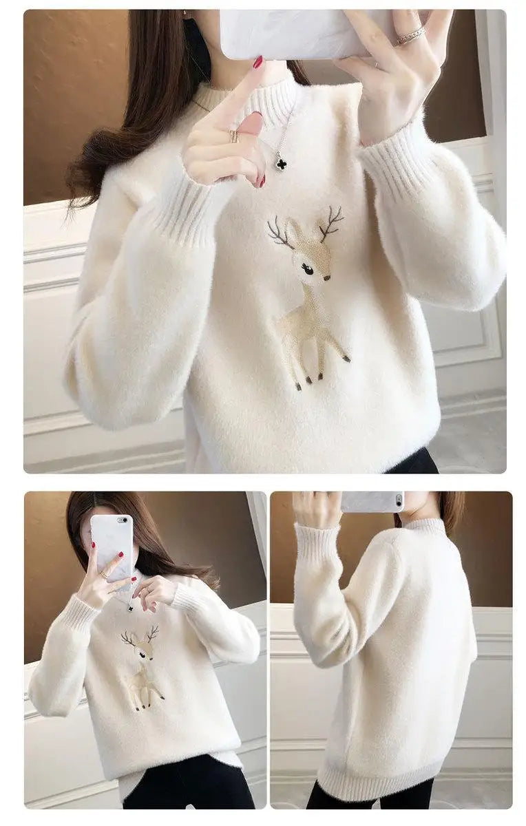 2023 Christmas Sweater Women Faux Mink Cashmere Half High Collar Pullover Fleece Winter Clothes Embroidery Deer Warm Jumper