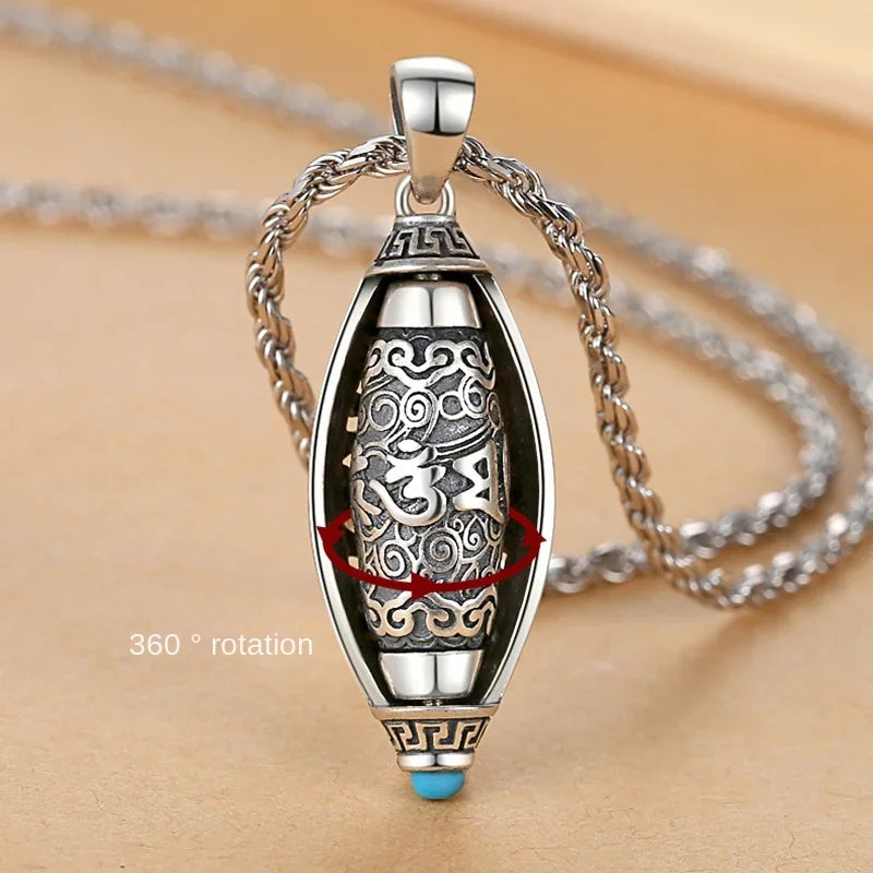 Fashion Six-character Scripture Buddha Necklace for Men and Women Retro Hollow Pattern Prayer Wheels Pendant Jewelry Accessories