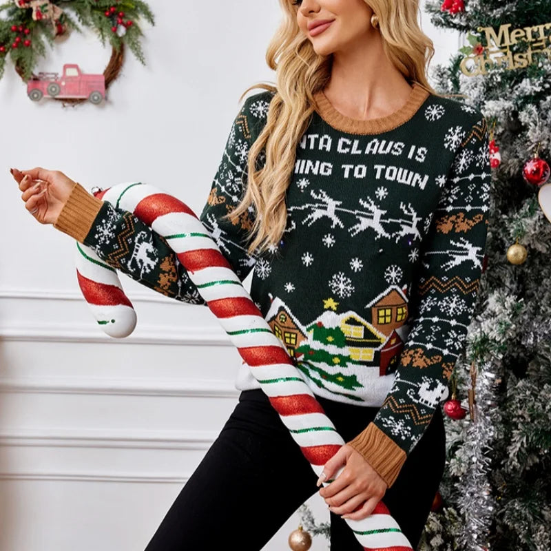 2025 Winter Christmas Women's Knitted Sweater Y2k Style Cute Print Female Knitwear Full Sleeve O Neck Warm Soft Jumper Xmas Look