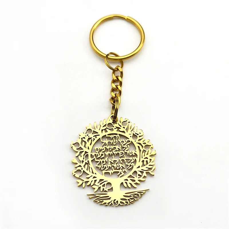 Tree of Life Hebrew Pendant Key Chain for Women Men Stainless Steel Gold Color Israel Jewish Hollow Drop Key Ring Amulet Jewelry