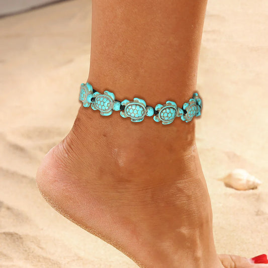 Turtle Hand Woven Bracelet Bohemian Style Ocean Series Vacation Style Turtle Woven Ankle Chain