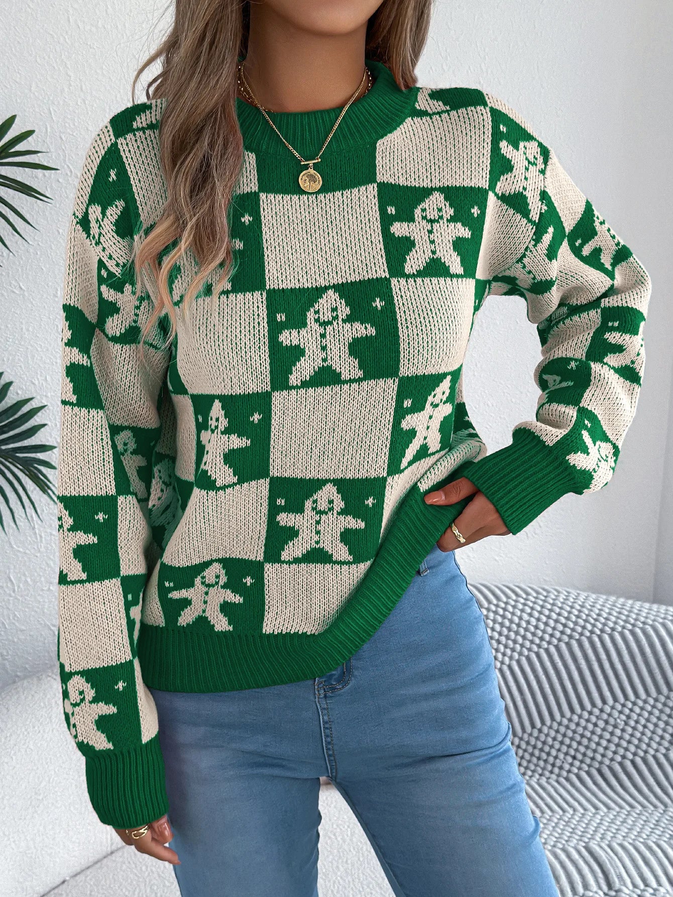 VigoCasey 2025 Autumn Winter Christmas Knitted Sweater Women Casual Plaid Print Pullover Lady Lantern Long Sleeve Loose Jumper