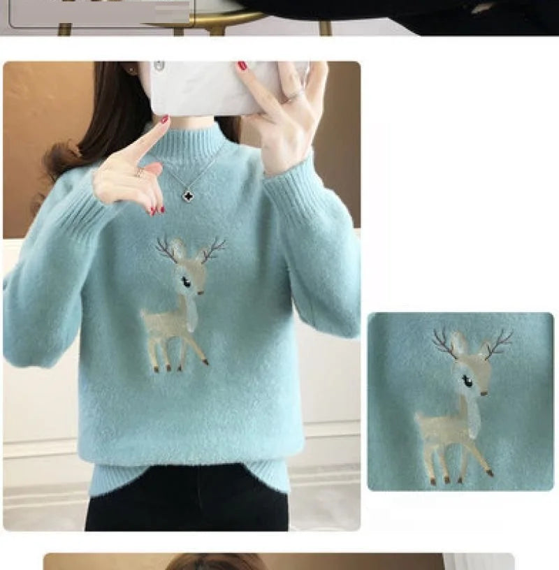 2023 Christmas Sweater Women Faux Mink Cashmere Half High Collar Pullover Fleece Winter Clothes Embroidery Deer Warm Jumper