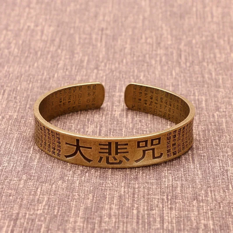 Vintage Buddhist Heart Sutra Cuff Bracelets Men's Six Character True Word Adjustable Bangles Religious Wish Talisman Jewelry
