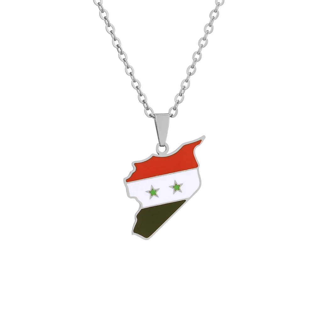 2024 New fashion stainless steel Syria map and flag necklace men's and women's temperament matching couple sweater chain accesso