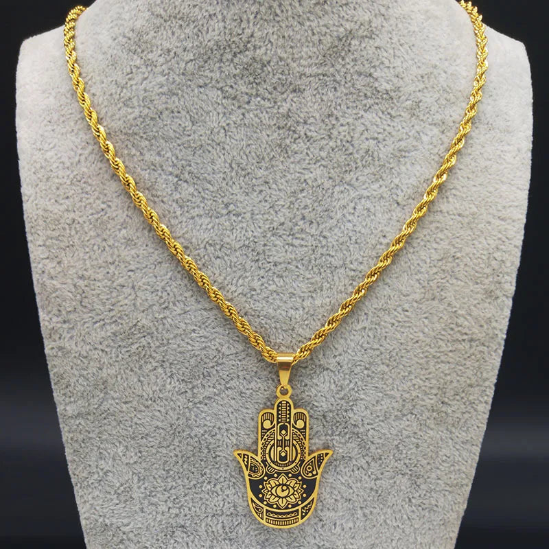 2024 New fashion ancient Fatima Hands Yoga pendant necklace temperament everything with stainless steel collarbone chain for men