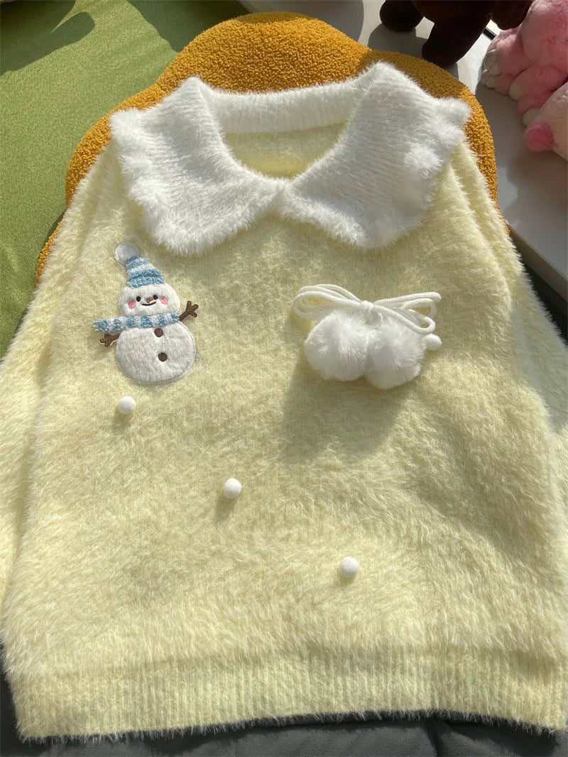 Sweet Faux Mink Cashmere Sweaters Women Kawaii Snowmen Long Sleeve Knitted Pullover Casual Cute Preppy Style Chic Loose Jumpers