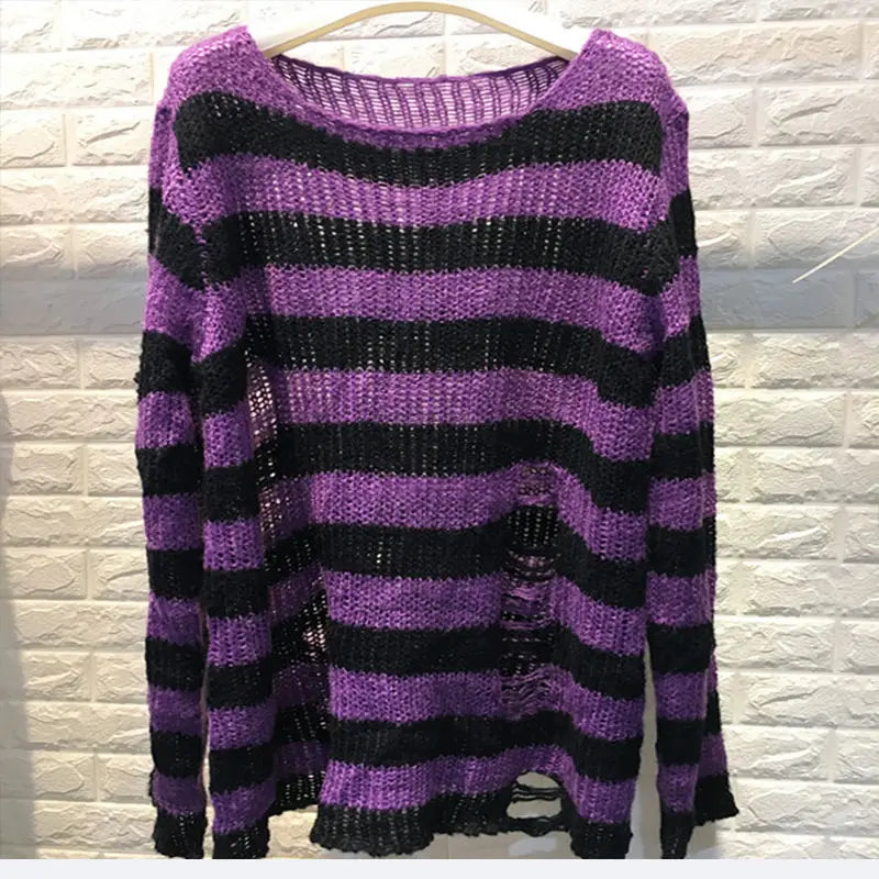 2024 Purple Striped Gothic Sweaters Women Ripped Holes Loose Knitted Pullover Frayed Fairy Grunge Jumpers Emo Streetwear Lolita