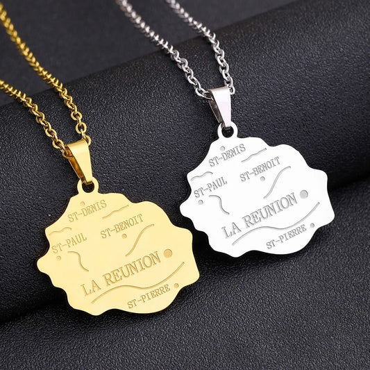 2024 New fashion stainless steel French Reunion map pendant necklace Geometric fashion men's and women's stainless steel pendant