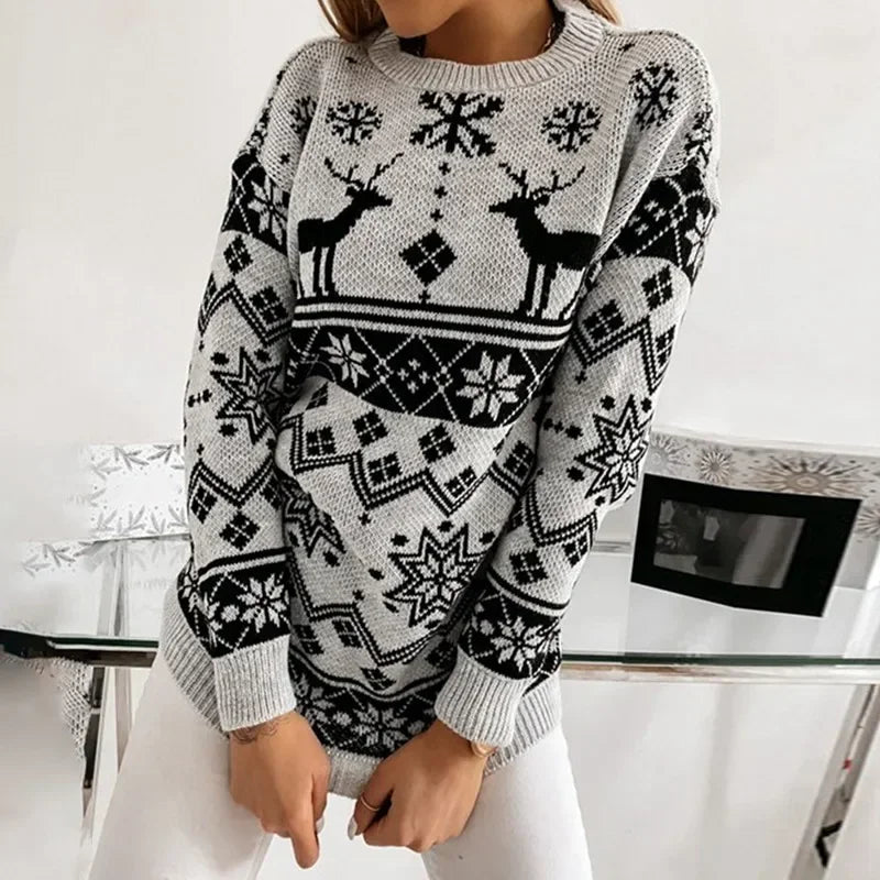 2025 Winter Women's Christmas Sweater Elk Print Knitted Jumpers Full Sleeve O Neck Casual Loose Knitwear Pullover Tops Xmas Look
