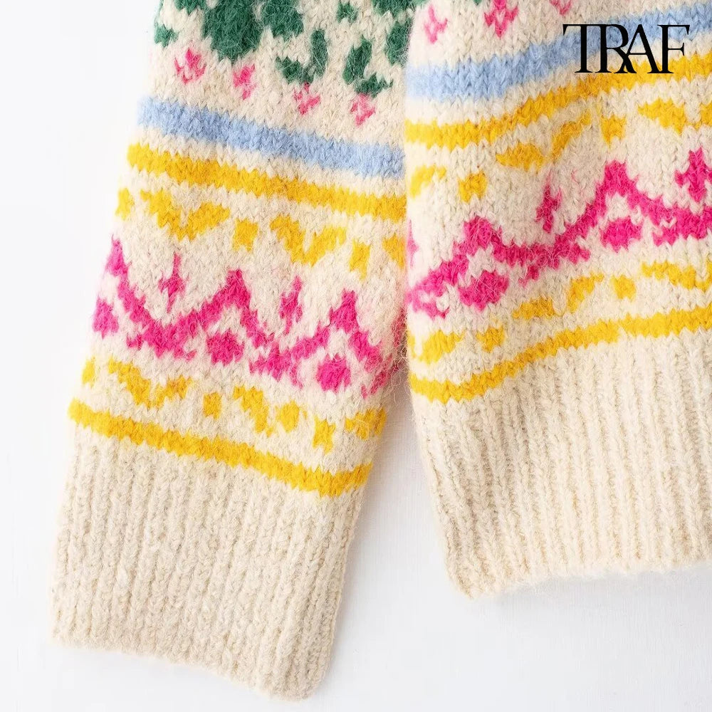 TRAF Women's Fashion 2024 Autumn and Winter Casual Loose Long Sleeve Round Neck Color-Collision Jacquard Knit Christmas Sweater