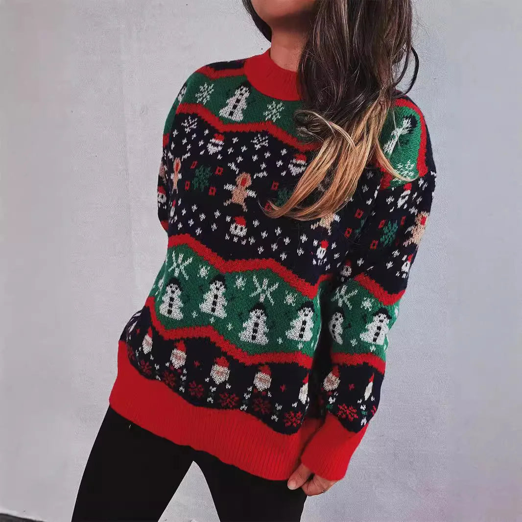 Sueter Mujer 2024 Korean Casual Christmas Sweater Women O Neck Spliced Jacquard Long Sleeves Knitwear Warm Pullover X686