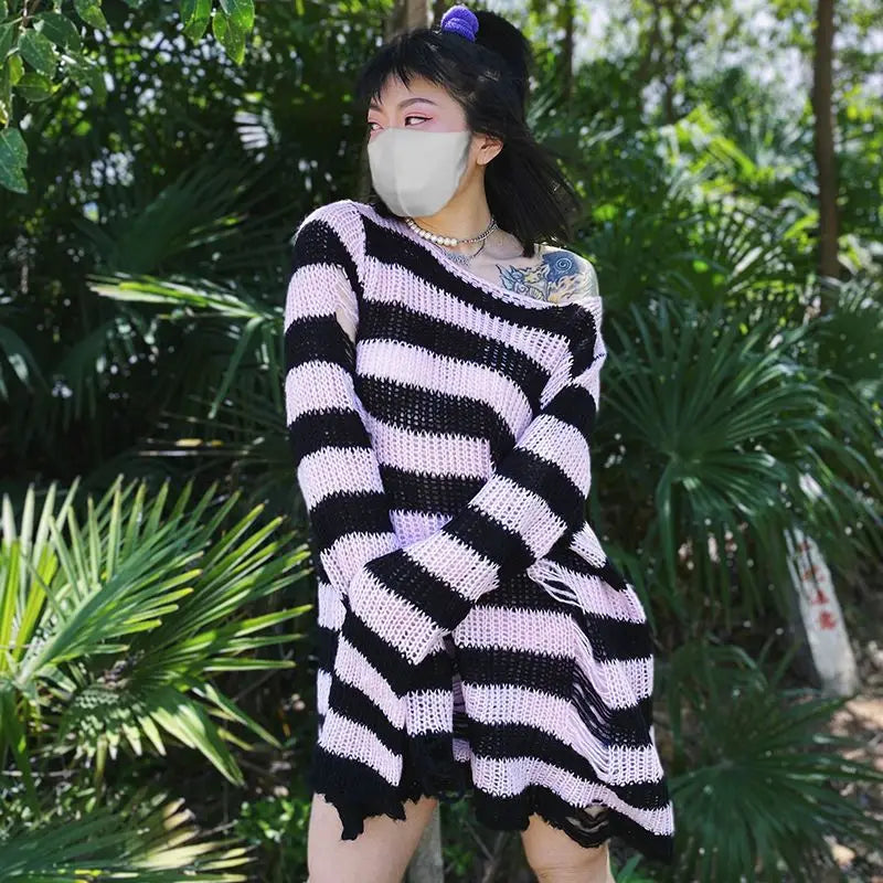 2024 Purple Striped Gothic Sweaters Women Ripped Holes Loose Knitted Pullover Frayed Fairy Grunge Jumpers Emo Streetwear Lolita