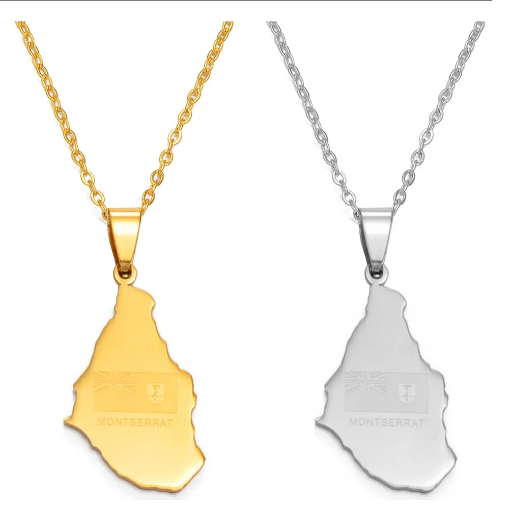 Anniyo Map of Montserrat United Kingdom Pendant and Thin Chain Necklaces Stainless Steel Montserrat Maps Jewelry #054621