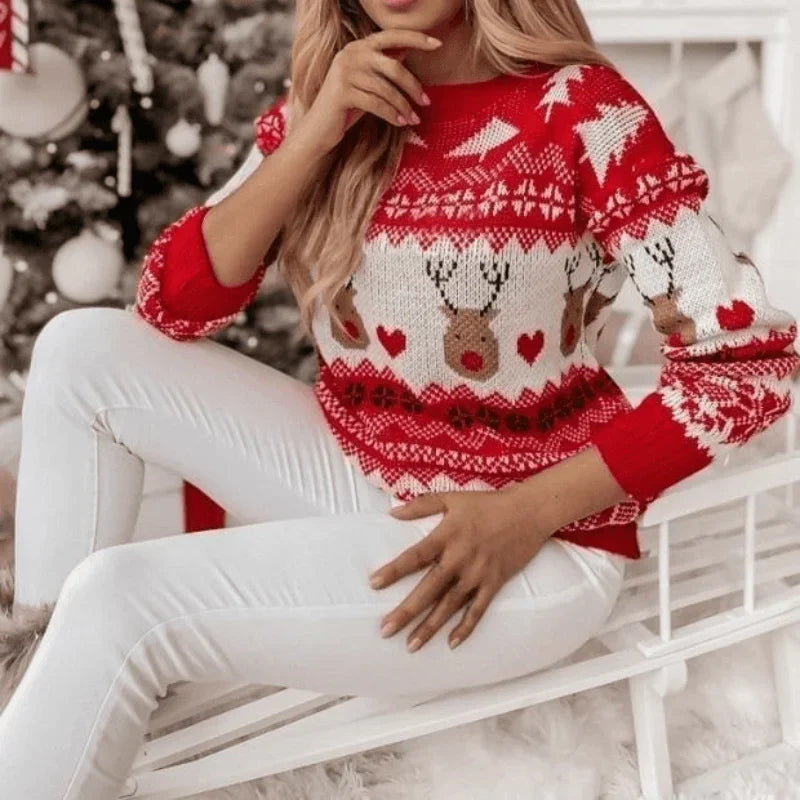 Women Xmas Look 2025 Winter Full Sleeve Christmas Sweaters Casual Soft O Neck Jumpers Allover Print Knitwear Pullover Top Femme