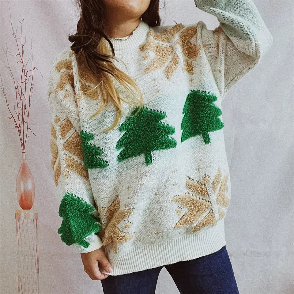 Women's Jacquard Round Neck Long Sleeve Thickened Knit Pullover Christmas Tree Design Autumn/winter New Style Sweater