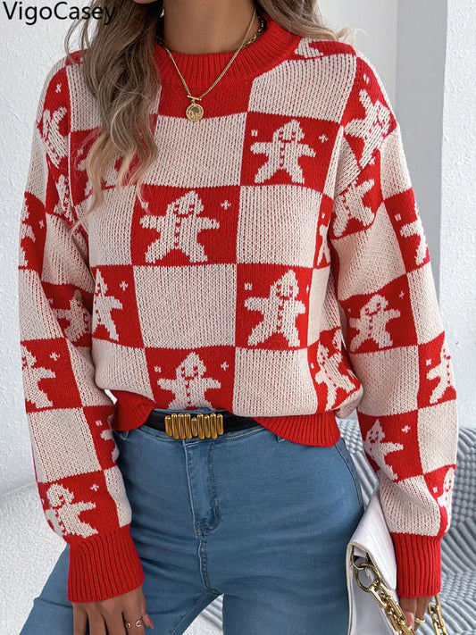 VigoCasey 2025 Autumn Winter Christmas Knitted Sweater Women Casual Plaid Print Pullover Lady Lantern Long Sleeve Loose Jumper