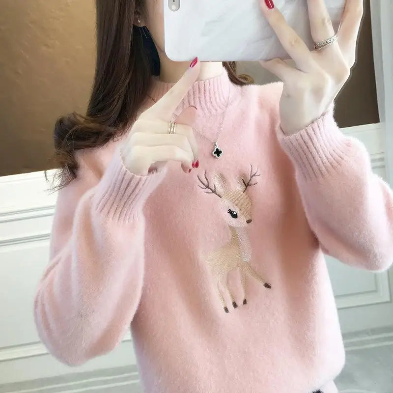2023 Christmas Sweater Women Faux Mink Cashmere Half High Collar Pullover Fleece Winter Clothes Embroidery Deer Warm Jumper