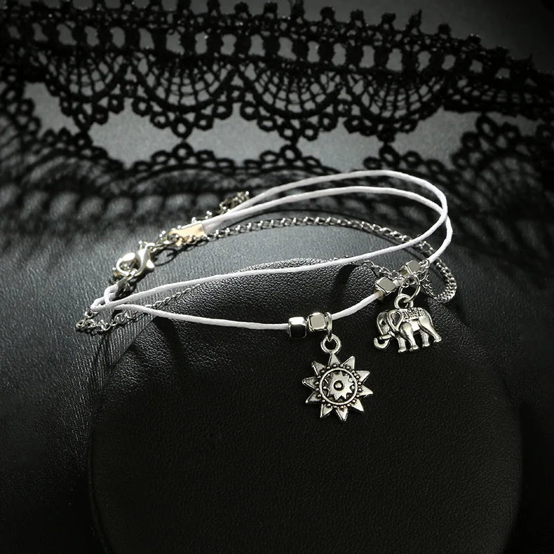 Vintage Star Elephant Bracelet For Women Boho Pendent Double Layer Anklet Bohemian Foot Jewelry Gift Drop Shipping