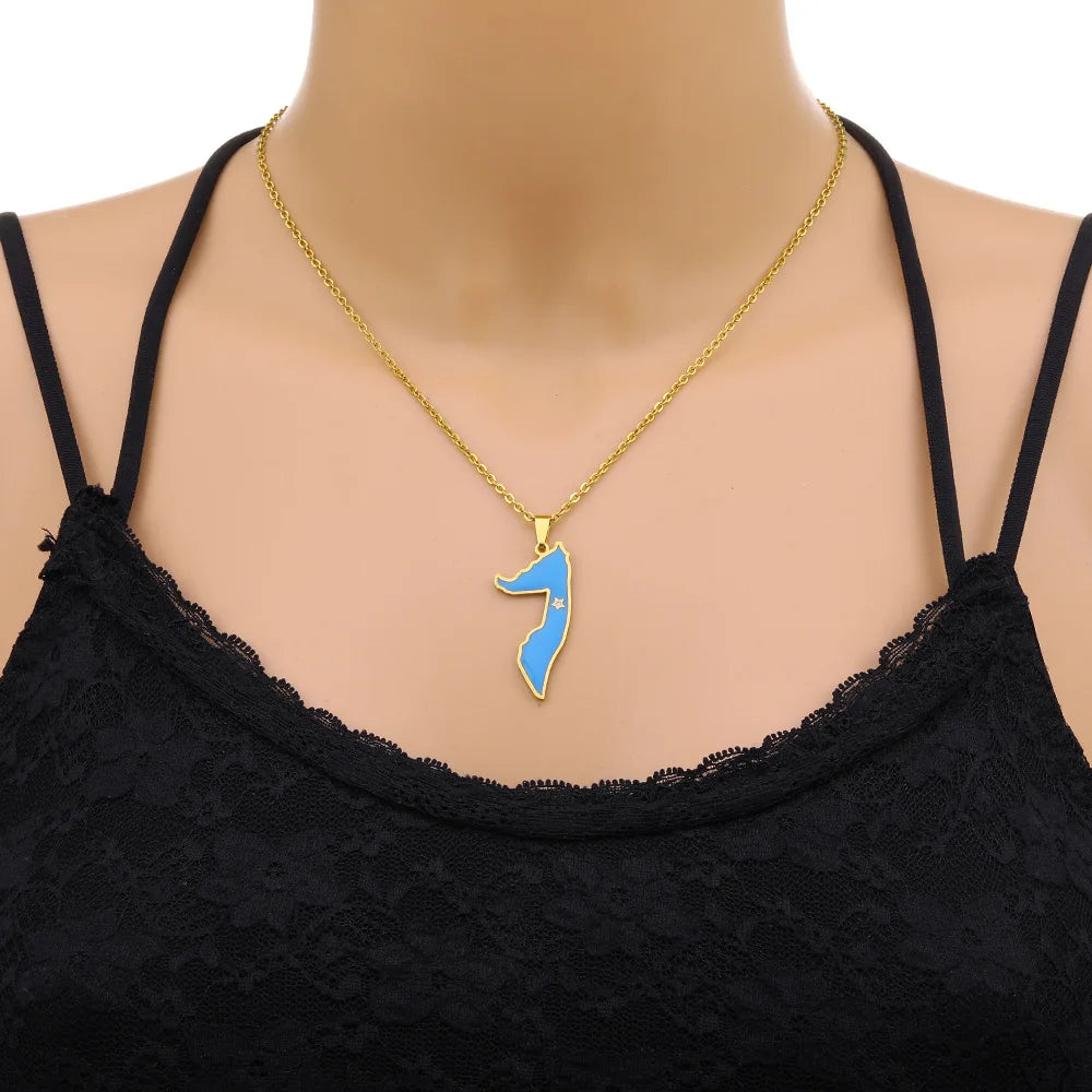 2024 New fashion stainless steel Somali drip oil map necklace for women and men couples ethnic style accessory collarbone chain