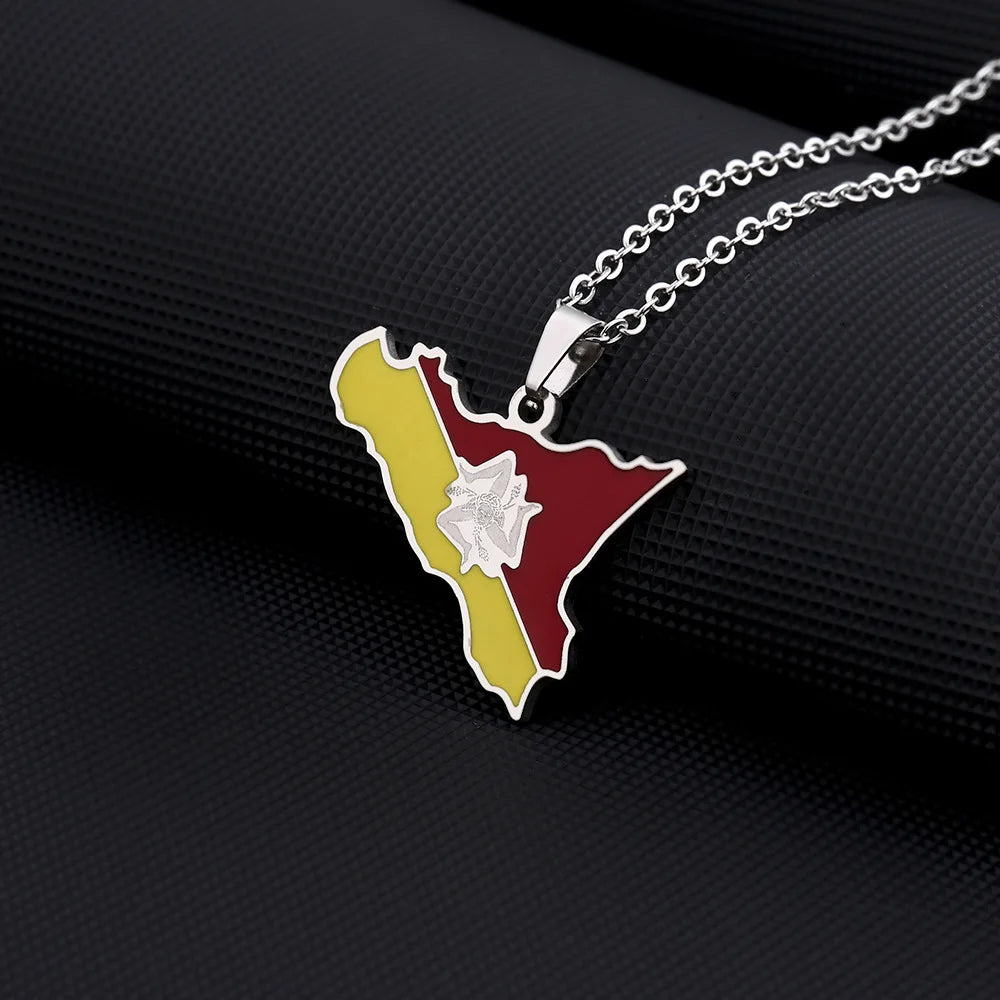 2024 New fashion stainless steel Sicily map and flag necklace for men and women couples ethnic style collarbone chain accessorie