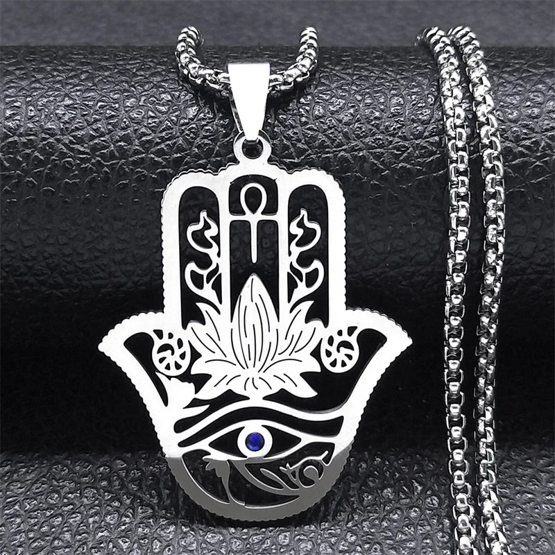 Hamsa Hand Stainless Steel Necklace Gold Color Amulet Hand of Fatima Necklaces Islamic Religious Arabic Jewelry mano de fatima