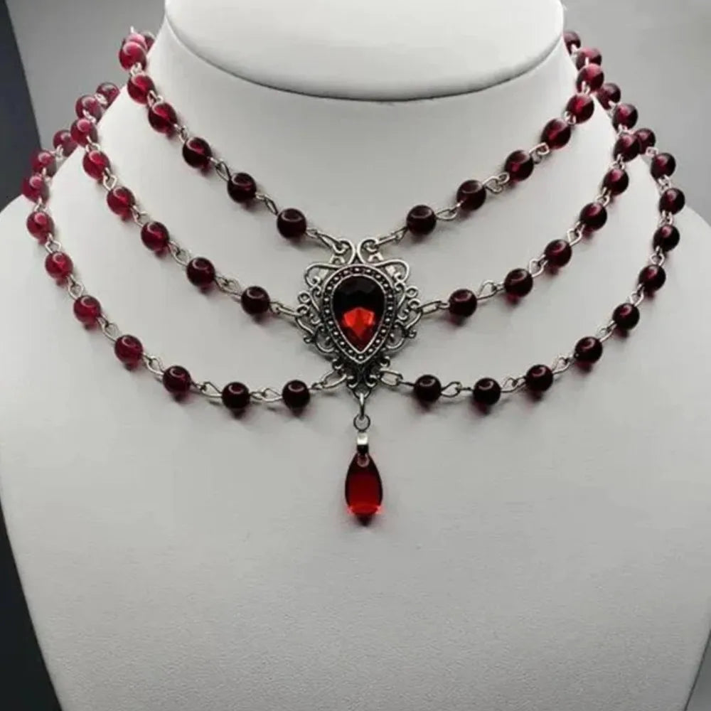 Victorian Gothic Rose Witch Multi-layer Bead Chain Red Glass Crystal Water Drop Pendant Necklace for Women Charm Jewelry Gifts