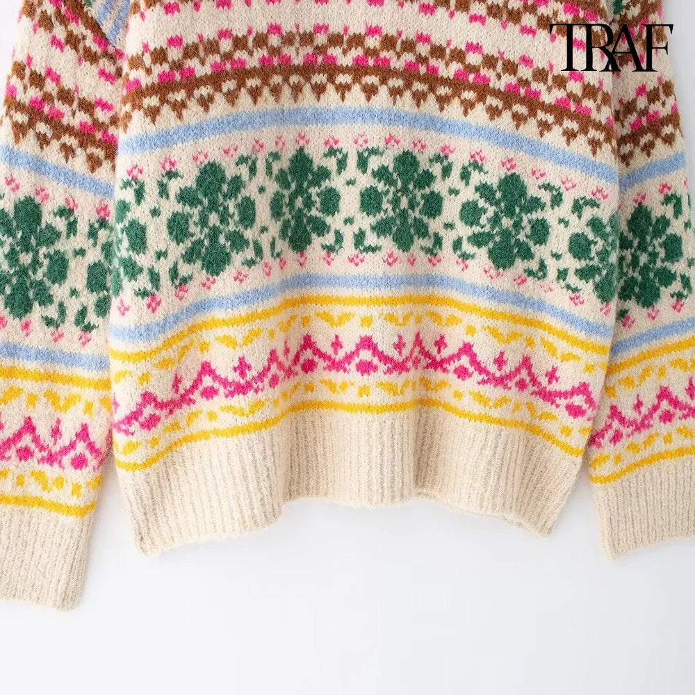 TRAF Women's Fashion 2024 Autumn and Winter Casual Loose Long Sleeve Round Neck Color-Collision Jacquard Knit Christmas Sweater